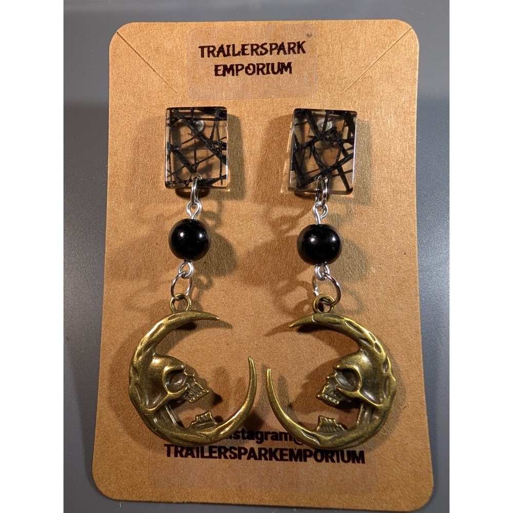 Trailerspark Emporium Skull Crescent Moon Drop Earrings Gothic Nickel Free Brass